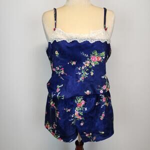 Vintage Inner Most Floral Satin Pajama Set Size XL Blue Lace Trim Chemise Shorts